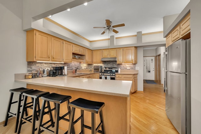 16813 Cardinal Dr, Orland Park, IL 60467 - kitchen with appliances with stainless steel finishes, light brown cabinetry, under cabinet range hood, a peninsula, and a ceiling fan
