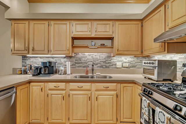16813 Cardinal Dr, Orland Park, IL 60467 - kitchen featuring stainless steel appliances, under cabinet range hood, light countertops, backsplash, and light brown cabinets