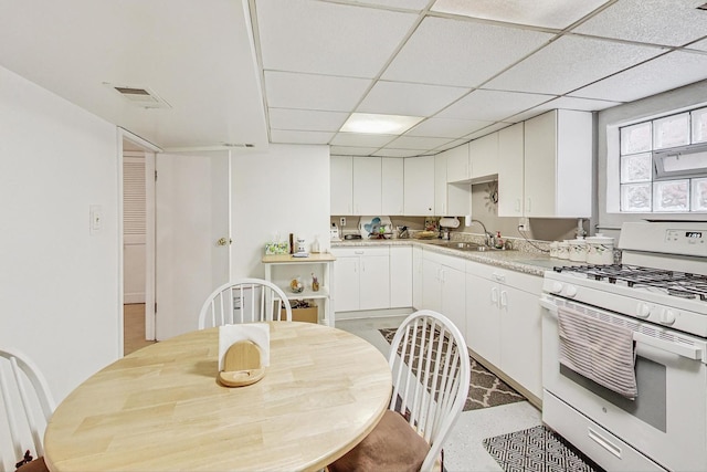 11531 S S Ave J, Chicago, IL 60617 - kitchen with white gas range oven, white cabinetry, light countertops, and a paneled ceiling