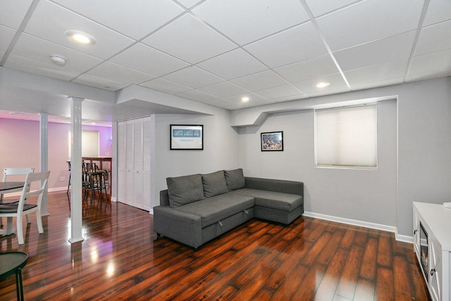 1239 Angeline Dr, South Elgin, IL 60177 - living room featuring a paneled ceiling, wood finished floors, recessed lighting, and ornate columns
