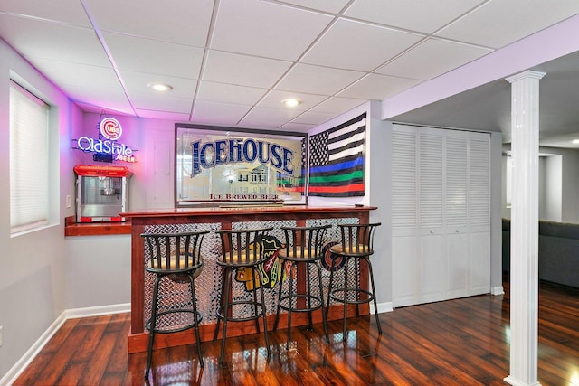 1239 Angeline Dr, South Elgin, IL 60177 - indoor dry bar with wood finished floors, decorative columns, a drop ceiling, and recessed lighting