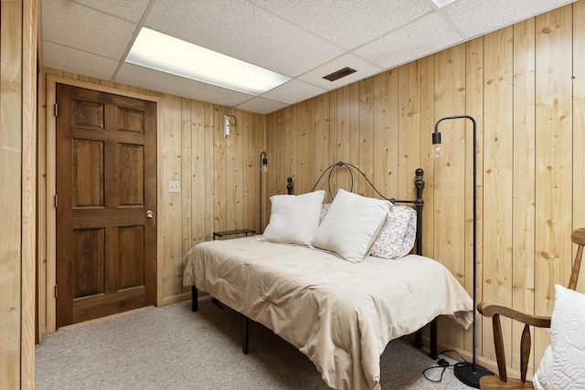 45W984 Mcdonald Rd, Hampshire, IL 60140 - bedroom featuring a drop ceiling, wooden walls, and carpet