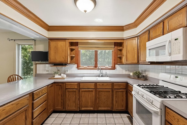 45W984 Mcdonald Rd, Hampshire, IL 60140 - kitchen featuring white appliances, open shelves, brown cabinets, and ornamental molding