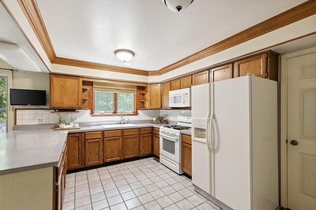 45W984 Mcdonald Rd, Hampshire, IL 60140 - kitchen with white appliances, open shelves, brown cabinetry, healthy amount of natural light, and crown molding