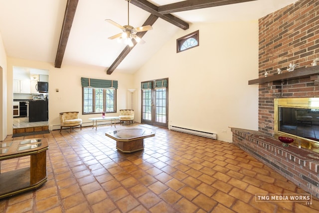 3S138 Park Blvd, Glen Ellyn, IL 60137 - living room with a baseboard heating unit, healthy amount of natural light, beam ceiling, ceiling fan, and high vaulted ceiling
