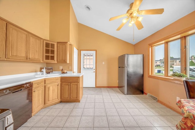 12236 S Hamlin Ave, Alsip, IL 60803 - kitchen with freestanding refrigerator, dishwasher, light countertops, glass insert cabinets, and ceiling fan
