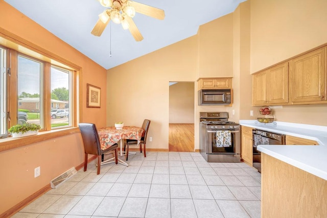 12236 S Hamlin Ave, Alsip, IL 60803 - kitchen featuring black appliances, light brown cabinetry, high vaulted ceiling, light countertops, and ceiling fan
