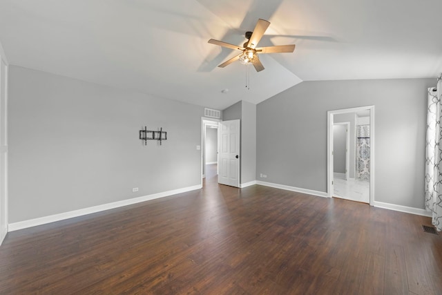802 Barton Dr, Oswego, IL 60543 - empty room with ceiling fan, lofted ceiling, and dark wood-style flooring