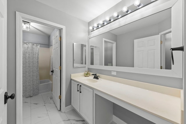 802 Barton Dr, Oswego, IL 60543 - bathroom featuring vanity, marble finish flooring, and shower / tub combo