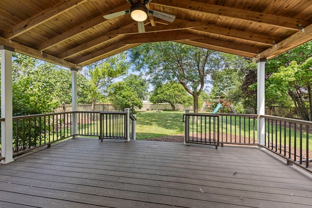 802 Barton Dr, Oswego, IL 60543 - deck with ceiling fan, a playground, and a fenced backyard