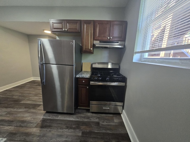 6646 S Wabash Ave, Chicago, IL 60637 - kitchen with stainless steel appliances, under cabinet range hood, dark wood-type flooring, and dark brown cabinets