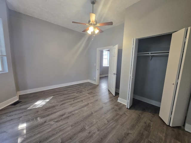 6646 S Wabash Ave, Chicago, IL 60637 - unfurnished bedroom with dark wood finished floors, a closet, lofted ceiling, and ceiling fan