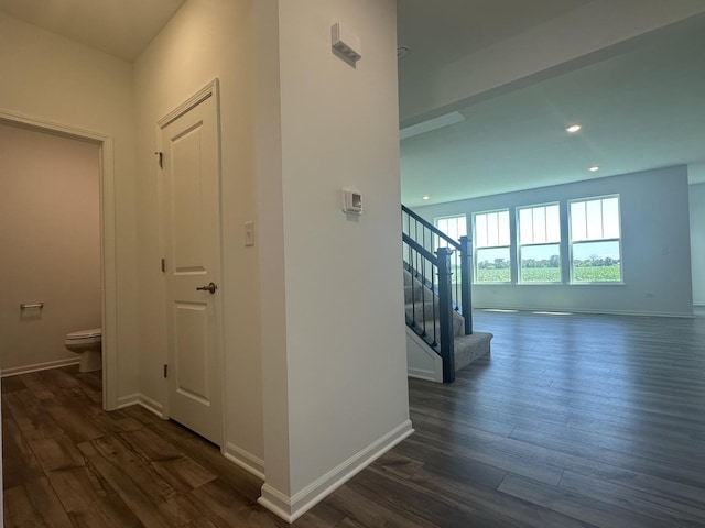 25805 W Springside St, Plainfield, IL 60586 - corridor featuring stairway, dark wood-type flooring, and recessed lighting