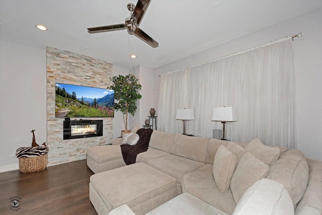 609 E 48th St, Chicago, IL 60615 - living room with a ceiling fan, dark wood finished floors, a stone fireplace, and recessed lighting