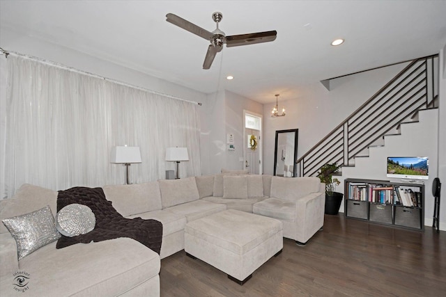 609 E 48th St, Chicago, IL 60615 - living area featuring stairs, dark wood finished floors, recessed lighting, a chandelier, and a ceiling fan