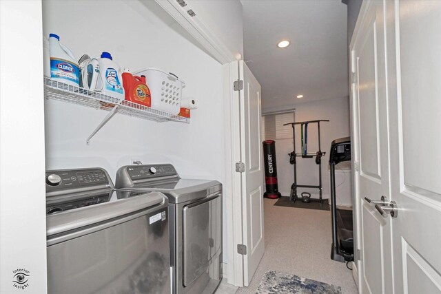 609 E 48th St, Chicago, IL 60615 - washroom with washing machine and clothes dryer, light colored carpet, and recessed lighting