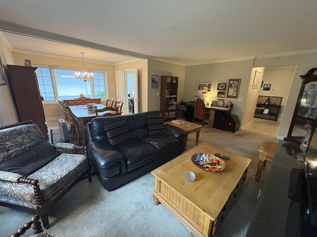 701 Ridge Rd Unit 1D, Wilmette, IL 60091 - living area featuring carpet flooring, a chandelier, and crown molding
