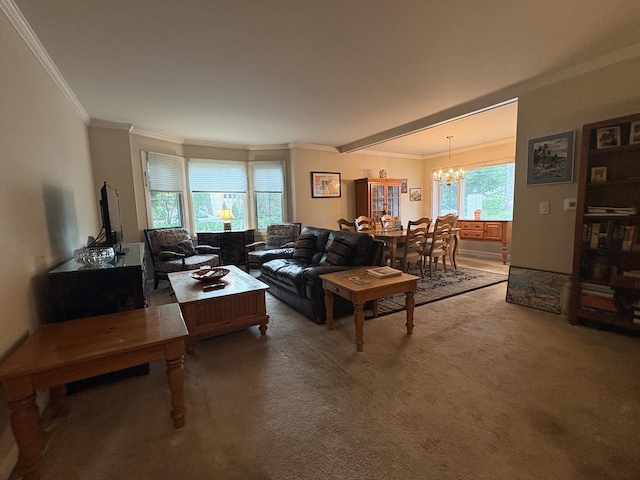 701 Ridge Rd Unit 1D, Wilmette, IL 60091 - carpeted living room with crown molding and a chandelier