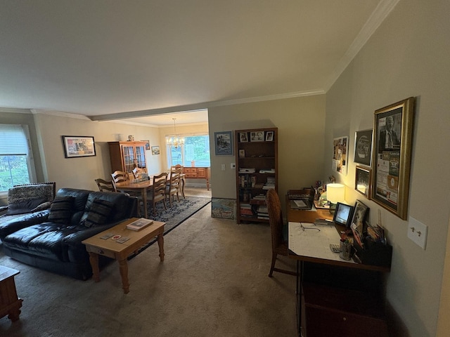701 Ridge Rd Unit 1D, Wilmette, IL 60091 - living room featuring ornamental molding, a chandelier, carpet flooring, and a desk
