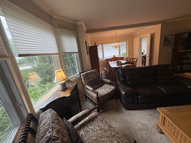 701 Ridge Rd Unit 1D, Wilmette, IL 60091 - living area featuring a chandelier, ornamental molding, and carpet