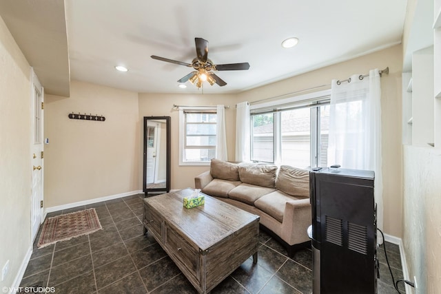235 S Warrington Rd, Des Plaines, IL 60016 - living area with ceiling fan, recessed lighting, and dark tile patterned flooring