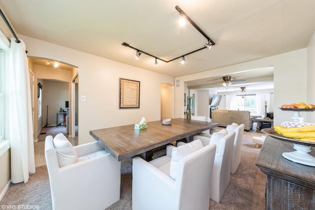 235 S Warrington Rd, Des Plaines, IL 60016 - dining space with arched walkways, light colored carpet, ceiling fan, and rail lighting