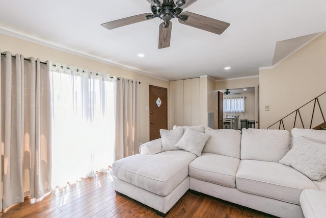 15246 S Millard Ave S, Midlothian, IL 60445 - living area featuring a ceiling fan, crown molding, dark wood-type flooring, and recessed lighting