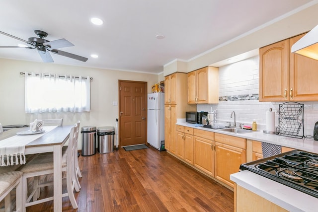 15246 S Millard Ave S, Midlothian, IL 60445 - kitchen featuring black appliances, light countertops, dark wood finished floors, light brown cabinets, and recessed lighting