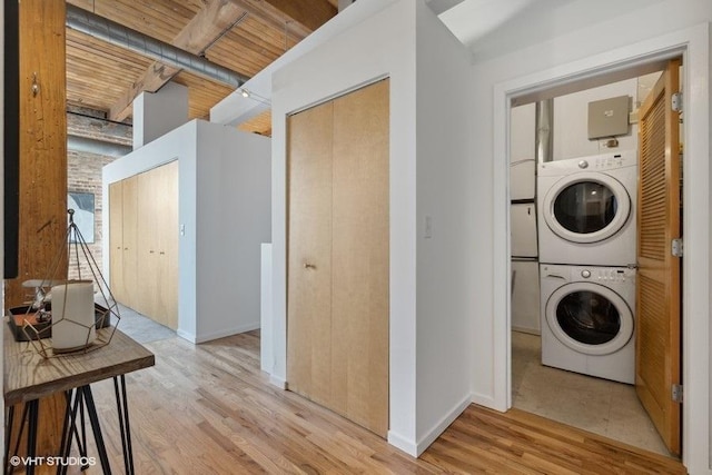 2511 W Moffat St Unit 305-D, Chicago, IL 60647 - washroom featuring stacked washer / drying machine, wood finished floors, and wood ceiling