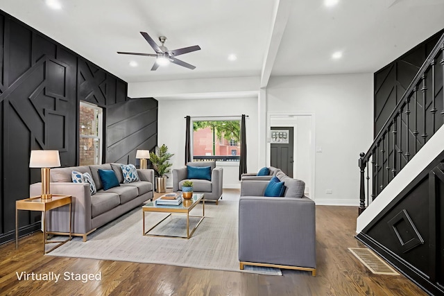 6547 S Langley Ave, Chicago, IL 60637 - living area with ceiling fan, recessed lighting, wood finished floors, and stairway
