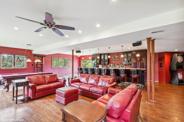 9265 Maura Ct, Frankfort, IL 60423 - living room featuring a bar, billiards table, wood finished floors, recessed lighting, and ceiling fan