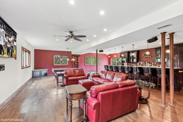 9265 Maura Ct, Frankfort, IL 60423 - living room featuring bar, ceiling fan, wood finished floors, recessed lighting, and billiards