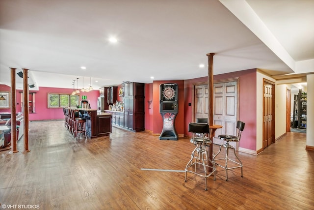 9265 Maura Ct, Frankfort, IL 60423 - indoor bar featuring light wood-style floors, stainless steel refrigerator, recessed lighting, and pendant lighting