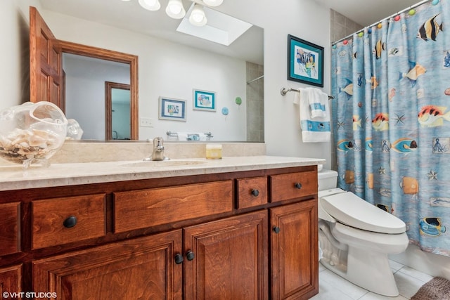 9265 Maura Ct, Frankfort, IL 60423 - bathroom featuring a skylight, tile patterned flooring, vanity, and curtained shower
