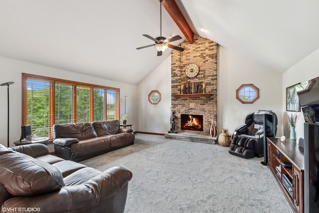 9265 Maura Ct, Frankfort, IL 60423 - living room with carpet flooring, high vaulted ceiling, a ceiling fan, a brick fireplace, and beam ceiling