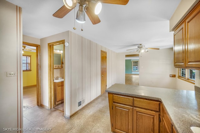 11258 S Trumbull Ave S, Chicago, IL 60655 - kitchen with ceiling fan, a peninsula, and brown cabinets