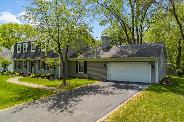 25W303 Gunston Ave, Naperville, IL 60540 - view of front of property with an attached garage, driveway, a chimney, roof with shingles, and a front yard