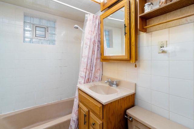 2551 Elm St, River Grove, IL 60171 - bathroom featuring tile walls, vanity, and shower / tub combo with curtain