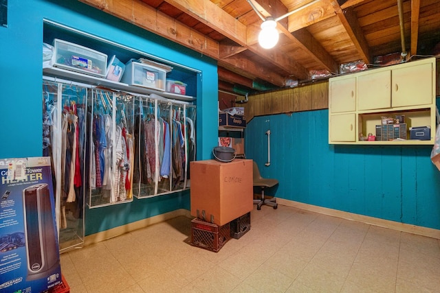 2551 Elm St, River Grove, IL 60171 - basement with tile patterned floors, wooden ceiling, and wooden walls