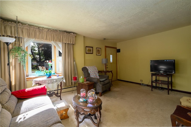 2551 Elm St, River Grove, IL 60171 - living area featuring a baseboard heating unit, carpet, and a textured ceiling