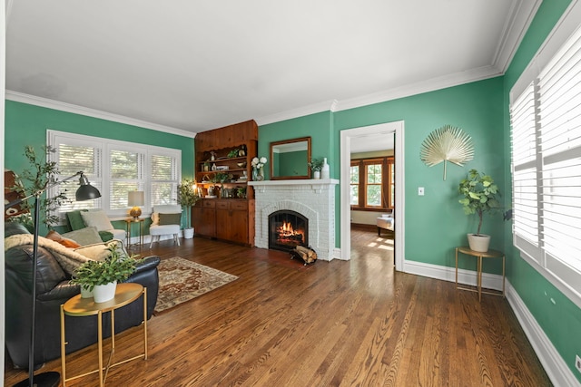 260 N Charlotte St, Lombard, IL 60148 - living area with a brick fireplace, ornamental molding, and wood finished floors