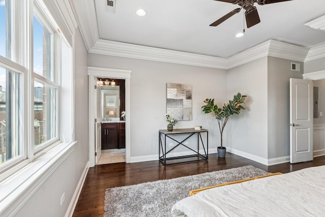 450 N Sangamon St Unit 4, Chicago, IL 60642 - bedroom featuring wood finished floors, crown molding, recessed lighting, ensuite bath, and a ceiling fan