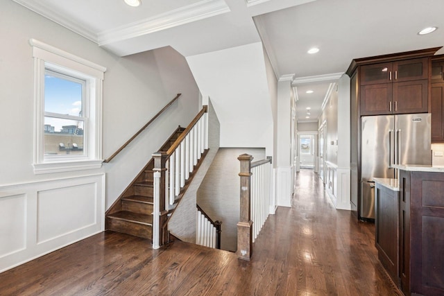450 N Sangamon St Unit 4, Chicago, IL 60642 - stairs featuring a decorative wall, ornamental molding, wood finished floors, wainscoting, and recessed lighting