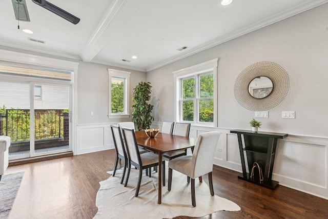 450 N Sangamon St Unit 4, Chicago, IL 60642 - dining area featuring dark wood-type flooring, ornamental molding, a decorative wall, recessed lighting, and beam ceiling