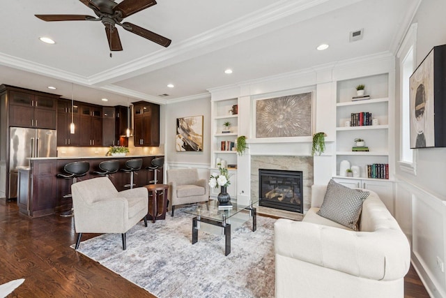 450 N Sangamon St Unit 4, Chicago, IL 60642 - living area with dark wood-type flooring, ceiling fan, a fireplace, crown molding, and recessed lighting