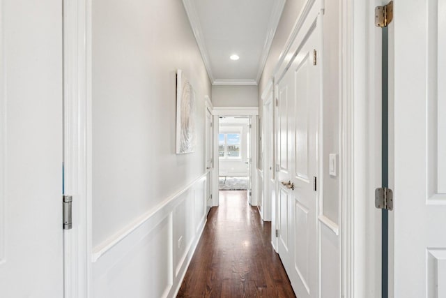 450 N Sangamon St Unit 4, Chicago, IL 60642 - hall featuring ornamental molding, wainscoting, dark wood finished floors, a decorative wall, and recessed lighting