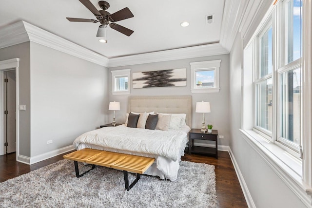 450 N Sangamon St Unit 4, Chicago, IL 60642 - bedroom with crown molding, dark wood finished floors, recessed lighting, and a ceiling fan