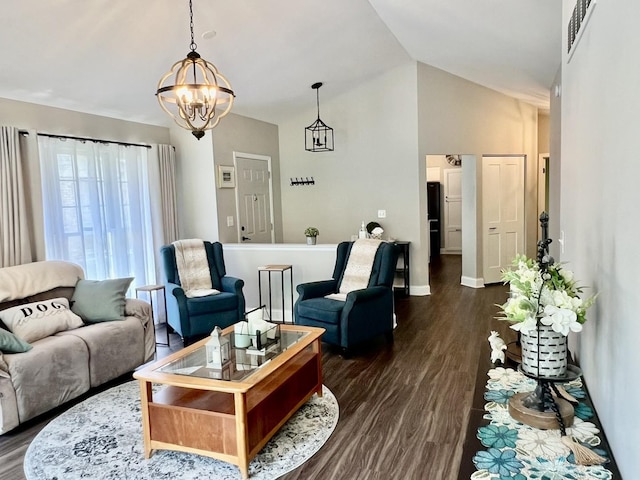 7727 Bristol Park Dr Unit 7727, Tinley Park, IL 60477 - living area featuring dark wood-style floors, a chandelier, and high vaulted ceiling