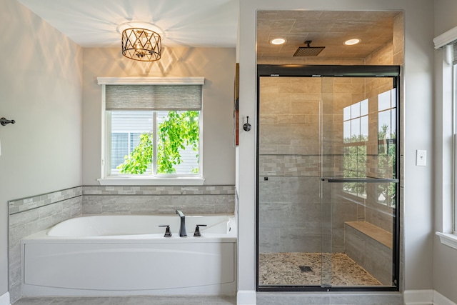 9890 Riverside Dr, Huntley, IL 60142 - full bathroom with a shower stall, a bath, tile patterned floors, and recessed lighting