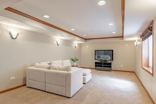 9890 Riverside Dr, Huntley, IL 60142 - carpeted living room featuring ornamental molding, a tray ceiling, and recessed lighting